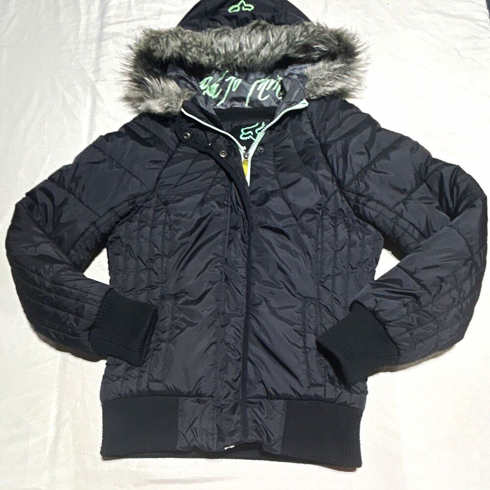 Fox Racing Womens Medium Black Quilted Puffer Jacket Faux Fur Hood Mint Green